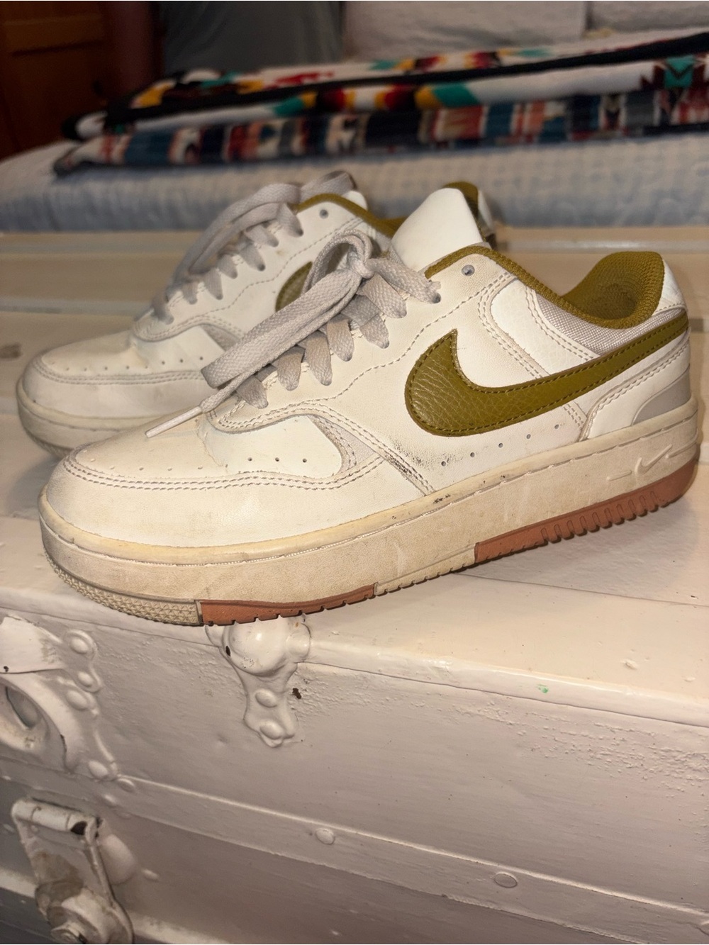 Nike Women's White Leather Sneakers with Olive Swoosh and Gum Sole
